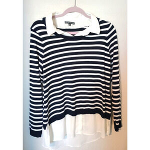 Adrianna Papell Navy Blue White Striped Twofer Sweater Top Ultra Soft Sz L